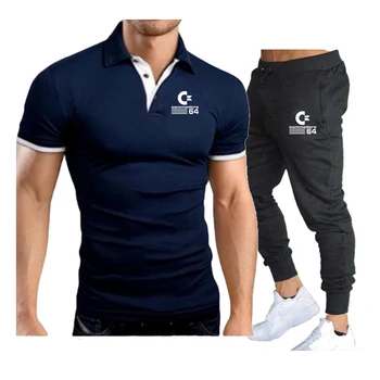 Yaz Yeni Marka Erkek POLO GÖMLEK + Spor Streç Pantolon erkek Moda Moda Rahat takım elbise Koşu Koşu Spor Giyim