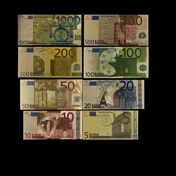 8 adet / grup 5 10 20 50 100 200 500 1000 EUR Altın Banknot 24K Altın Sahte Kağıt Para Koleksiyonu için Euro Banknot Setleri