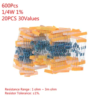 600 Adet 1 / 4W 1 %20 ADET 30 Değerleri Metal film rezistans Çeşitler Kiti Seti Paketi Elektronik Diy Kiti Direnç