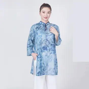 Kadın Retro Pamuk Keten Tai Chi Takım Çin Tarzı Kung Fu Wushu dövüş sanatları Üniforma Performans Ceket Pantolon Egzersiz Giyim