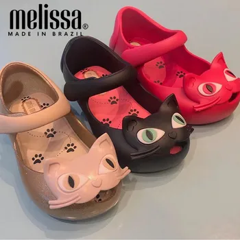 2022 Yaz Mini Melissa Yüksek Kaliteli çocuk Jöle Ayakkabı Moda Kız Karikatür Kedi Yumuşak Sandalet Çocuklar Yürümeye Başlayan plaj ayakkabısı