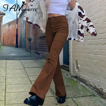 Sıkı Kahverengi Vintage Alevlendi Denim Kot Kadın Rahat Temel Moda Yüksek Bel Estetik Harajuku Streetwear Pantolon Iamhotty