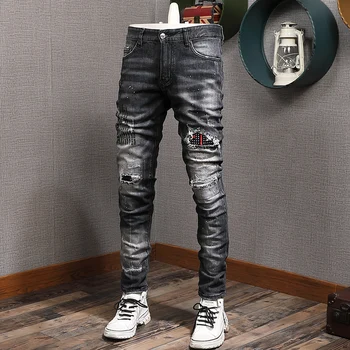 Streetwear Moda Erkek Kot Retro Siyah Gri Slim Fit Baskılı Yırtık Kot Erkekler Yama Tasarımcı Marka Hip Hop Kot Pantolon Hombre