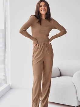 Lınad Örme Nervürlü kadın Kıyafeti 2 Parça Setleri Uzun Kollu O Boyun Pijama Kadın Rahat Pantolon Takım Elbise Katı Sonbahar 2022