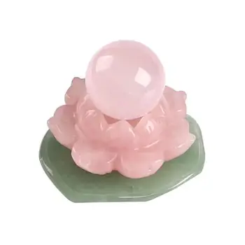 1 adet Doğal Kristal Çiçek Pembe Gül Top ve Yeşil Aventurine ile Lotus Kuvars el Sanatları için Yeşim Yaprak 