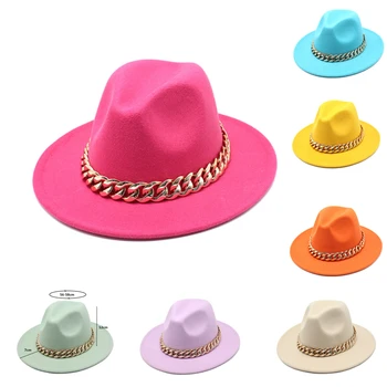 Basit erkekler ve kadınlar yeni büyük metal zincir fedora şapka sonbahar kış kadın siyah yün caz silindir şapka kilise şapka sıcak Panama şapka