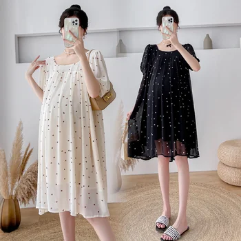 66# 2022 Yaz Kore Moda Nokta Baskılı Şifon hamile elbisesi Gevşek Düz Hamile Kadınlar için OL Çalışma Gebelik