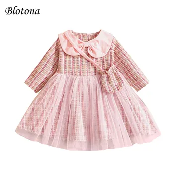 Blotona 2 Adet Bebek Kız Bahar Güz Kıyafetler, uzun Kollu Bebek Yaka Tül Elbise + Crossbody Çanta Seti, 6Months-3Years