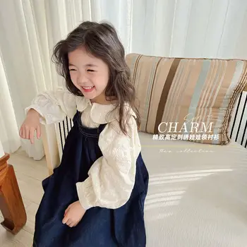 Çocuk Takım Elbise 2022 Bahar Yeni Peter Pan Yaka Gömlek Kot Etek Bebek Kız Uzun Kollu İki Parçalı Takım Elbise