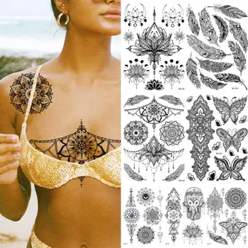 Mandala Kına Geçici Dövmeler Kadınlar Kızlar İçin Underboob Kelebek Fil Kolye Sahte Dövme Etiket Vücut Dövmeler Tribal