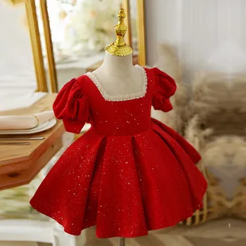 Bordo Kız Prenses tutu Elbise Yaz yeni Yay boncuklu Bebek Kız Elbise 1 yaş Doğum Günü Partisi düğün elbisesi çocuk Elbiseleri