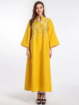 Uzun Arapça Elbise İmitasyon Keten Suudi Dubai Kadın Jalabiya Parti Giyim Akşam Balo Fas Kaftan Müslüman Ramazan Abaya