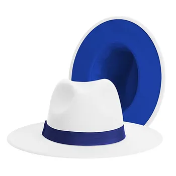 Klasik Dış beyaz iç mavi Patchwork Geniş fötr şapka Şapka Erkekler Kadınlar İki Ton fötr şapka Şapkalar Kovboy Caz Şapka Kahverengi Kemer
