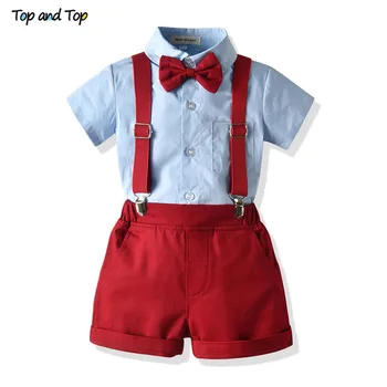Üst ve Üst Yaz Moda Yenidoğan Erkek Bebek Giyim Seti Kısa Kollu Papyon Gömlek + Askı Şort 2 Adet Toddler Beyefendi Takım Elbise