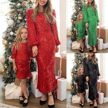 2022 Uzun Kollu Aile Eşleştirme Anne Ve Kızı Elbise parti giysileri Kırmızı Yeşil Siyah Düğün Sequins Elbiseler Anne Kız İçin