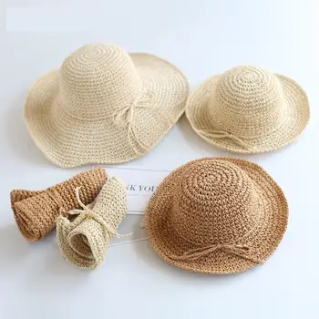 2020 Yeni Kızlar El Yapımı güneş şapkası Çocuklar Yaz Rafya Hasır Şapka Büyük Ağız Plaj Kap Katlanabilir Nefes Yaz Ebeveyn-çocuk şapka