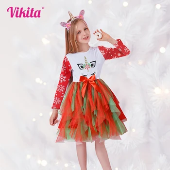VIKITA Kızlar Uzun Kollu Elbise Kız Noel Festivali Vestidos Çocuklar Prenses Sonbahar Kış Elbiseler Doğum Günü Partisi 2-8T