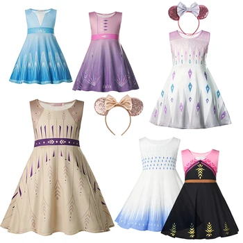 Küçük Kız Elsa Anna Elbise yaz giysileri Çocuklar Baskılı Önlük 1-8 Yıl Prenses Kar Kraliçesi 2 Kız Prenses Kostüm