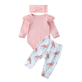 Sevimli Bebek Bebek Erkek Romper Uçan Kollu Üstleri + Uzun Pantolon Flamingo Kafa Bandı 3 ADET Giysi Set Sevimli Kıyafetler