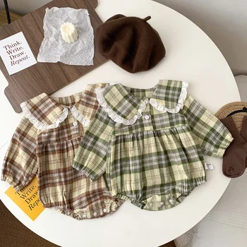 Moda Bebek Romper çocuk Kontrast Izgara Uzun Kollu Bodysuit Bahar Sonbahar Yenidoğan Erkek Kız Yaka Bebek bebek kıyafetleri
