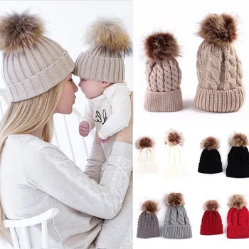 2 Adet Anne Çocuk Çocuk Bebek Sıcak Kış Örgü Bere Kürk Pom Şapka Tığ Kayak Kap Sevimli