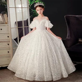Çocuk Kız Lüks Beyaz Renk Payetli Sling Doğum Günü Düğün Parti Prenses Balo Elbise 3~12 Yaşındakiler Piyano Konak Elbise Giymek