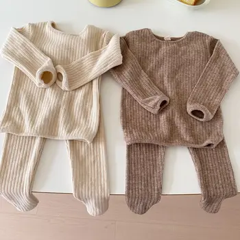 2022 Sonbahar Kış Erkek Bebek Örgü Kalınlaşmak Çukur Çizgili Pijama Takım Elbise Kız Bebek Katı Uzun Kollu Üstleri + Pantolon 2 adet Pijama Seti