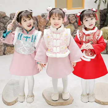 2021 Yeni Yıl Takım Elbise Retro Tang Takım Elbise Ceket Elbiseler Kız İçin Çin Geleneksel Hanfu Çin Prenses Elbise Çocuk Cheongsam