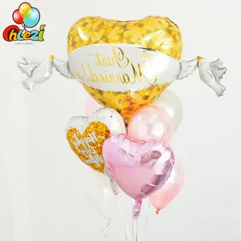 9 adet / grup Sadece Evli Kalp ve Güvercinler Folyo balon 18 inç Kalp Helyum balon 12 inç Lateks balonlar Düğün parti dekorasyon