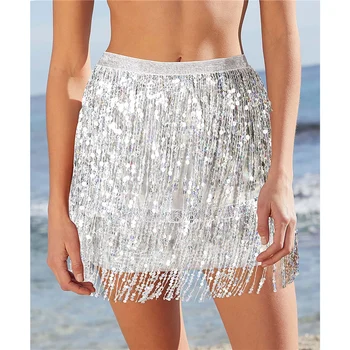 Kadınlar Payetli Saçak Etek Glitters Elastik Bel Mini Etek Mini Etek Dans Rave Parti için Siyah / Gümüş / Altın / kırmızı