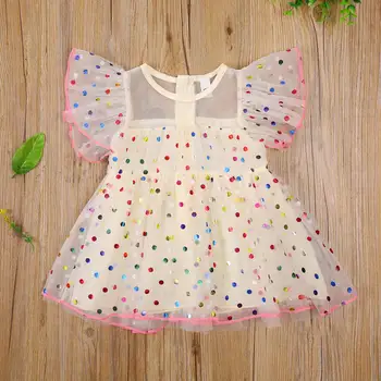 0-3T Prenses Yaz Tül Toddler Kız Renkli Polka Dot Baskı Fırfır Sinek Kollu Fırfır Dantel Tül Etek Sevimli Mini Elbise