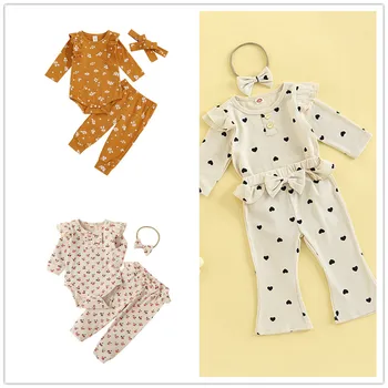 0-24M Toddler Bebek Kız Güz 3 Adet Kıyafetler Bebek Uzun Kollu Çiçek Baskı fırfırlı kıyafet + Pantolon + saç bandı seti