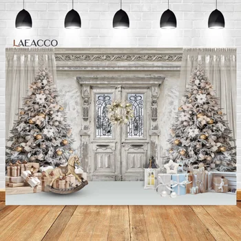 Laeacco Kış Noel Zemin Rustik ahşap kapı Iç Noel Ağacı Hediye Çocuklar Yenidoğan Aile Portre Fotoğrafçılığı Arka Plan
