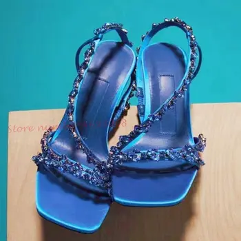 Mavi Kristal Çapraz Kayış Topuk Sandalet Kadın Yaz Slingback Dar Bant Sandalet Lüks Parti Yüksek Topuklu Kare Ayak Sandalet