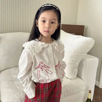Koreli çocuk Giysileri 2023 Bahar Yeni Düz Renk İşlemeli Gömlek Kızların Rahat Uzun Kollu Üst