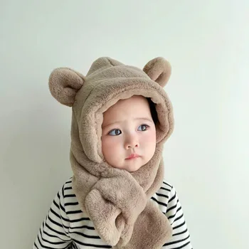Toddler Kış sıcak Kap Kız Sevimli Küçük kulak koruyucu Tek parça Kapaklar Katı Basit Şapka Eşarp Tek parça Takım Elbise Erkek Yeni Peluş Şapka