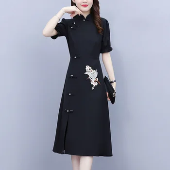Siyah çin elbisesi Qipao Uzun Hanfu Kadın Cheongsam'lar Geleneksel Harajuku Vintage Elbise Orientale Eleganti Vestido Chino Mujer