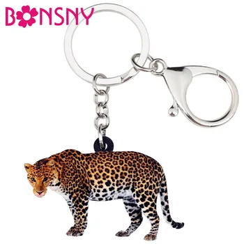 Bonsny Akrilik Afrika Leopar Panter anahtar zincirleri Anahtarlık Yüzükler Orman hayvan figürlü mücevherat Kadınlar Kızlar Için Çanta Çanta Charms Hediye