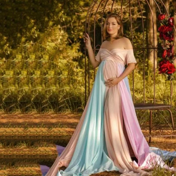 Gökkuşağı hamile fotoğrafçılığı Elbise Seksi Kapalı Omuz Maxi hamile elbisesi Bebek Duş Maxi Akşam Elbise Fotoğraf Sahne