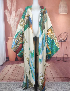2022 Yeni Uzun Kimono Hırka Kadın Bluz Baskı Rahat Kimono Hırka Üst Bikini Cover Up Bluz Beachwear Tatil İçin