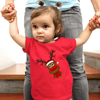 Komik Noel Karikatür Bebek Kız Erkek Giysileri Kırmızı Sevimli Ren Geyiği Baskılı Çocuk T-shirt İspanya Fransa Moda 2022 Yeni Noel Gömlek