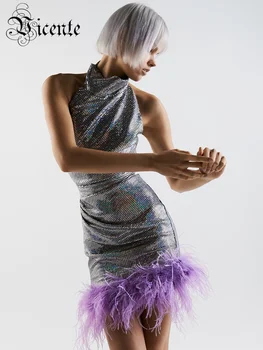 VC Kadın Seksi Backless Mini Elbise Lavanta Tüy Tasarım Lazer Yağı Baskı Doğum Günü Partisi Moda Podyum Giyim