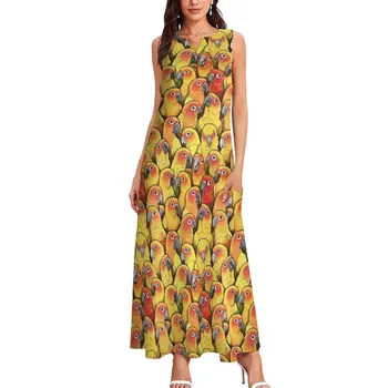 Sarı Papağan Elbise Güneş Conures Baskı Sevimli Maxi Elbise Sokak Giyim Rahat Uzun Elbiseler Kadın V Boyun Baskılı Boy Vestidos