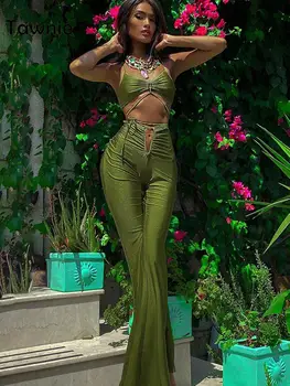 Tawnıe 2022 Yaz Seksi Pantolon Stes Kadın Bandaj Kırpma Üst ve Flare pantolon 2 Parça Setleri Plaj Co-Ord Setleri Kulübü Kıyafetleri Y2K Yeşil