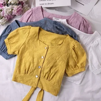 Kadınlar Katı Gömlek Yaz Kırpılmış Üstleri Bandaj Kısa Puf Kollu Kare Yaka Tek Göğüslü Kadın Zarif Kore Giyim