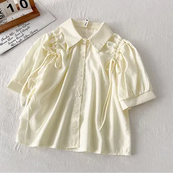 Kore Moda Zarif Gömlek Kadın Puf Kollu pamuk gömlekler Tasarımcı Üstleri Tatlı Kırpma Üst Blusa Muer
