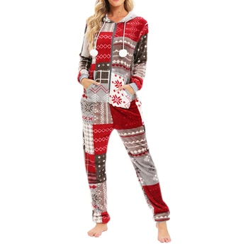 Bayanlar Noel Flanel Tulum Tulum Loungewear Pijama Yumuşak Sıcak Uzun Kollu Kapşonlu Fermuar Rahat Pijama