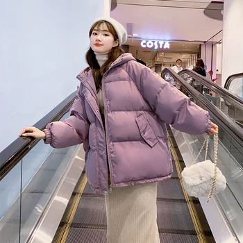Kadın Mor Kısa Ceket Kış Kalın Kapşonlu Pamuk Yastıklı Mont Kadın Kore Gevşek Kirpi Parkas Bayanlar Büyük Boy Dış Giyim 2022