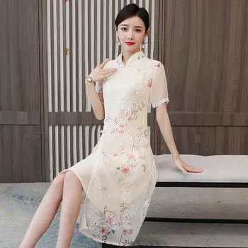 Qipao 2022 Yeni Yaz Çin Tarzı Elbise Moda Kısa Kollu Standı Yaka Mizaç Retro Cheongsam Nakış Elbise H168