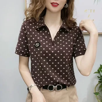 Vintage Baskılı Polka Dot Yaka Büyük Boy Bluz 2022 Yaz Yeni Commute Kazak Moda Gevşek Rahat kadın giyim Gömlek